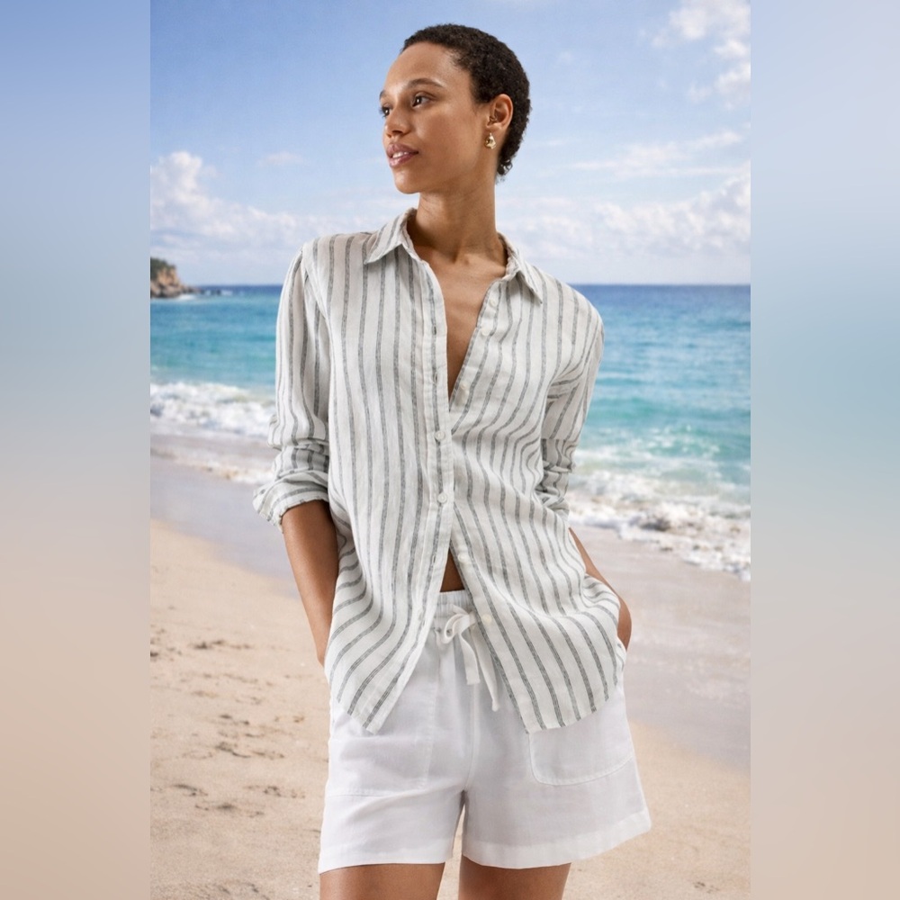 🔥 Quince 💯 European Linen Long Oatmeal and Black Striped Button Down Shirt Small